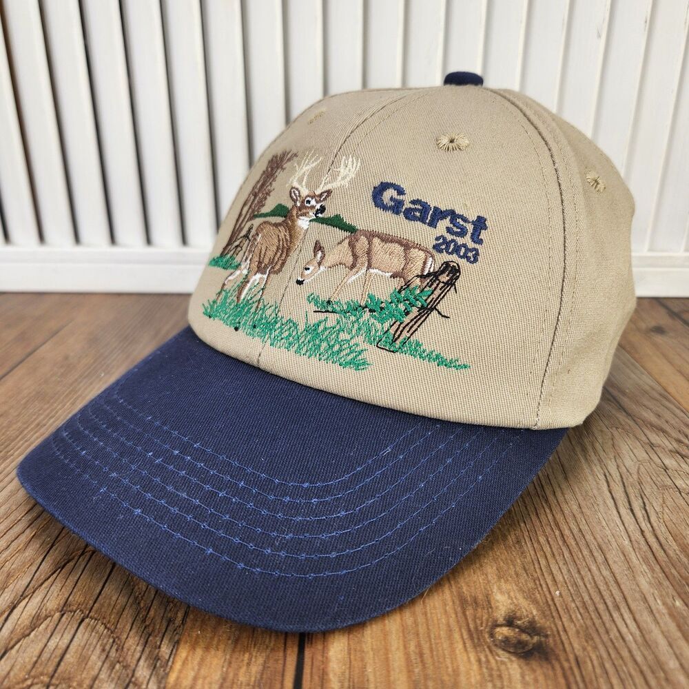 VTG Garst Seed Company 2003 Deer Meadow Snapback Hat Cap Beige Blue Farmer Buck